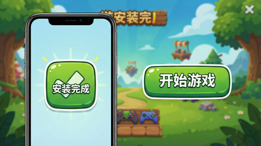 游戏安装教程示意图,手机屏幕显示“安装完成”图标,旁边有“开始游戏”按钮,背景为游戏主界面,画面清晰,布局简洁,风格卡通,细节丰富,干净无多余元素,画质高清