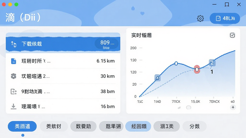 滴(Dii)软件主界面预览图,展示简洁的下载列表、实时速度曲线、分类标签栏,界面以蓝白为主色调,扁平化设计风格,布局清晰,细节丰富,画质高清干净无多余元素