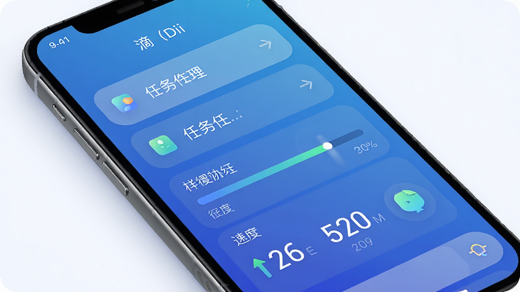 滴(Dii)移动端下载管理界面,展示手机屏幕中的任务列表、进度条、速度显示,背景为渐变蓝色,界面圆润,细节丰富,画质高清