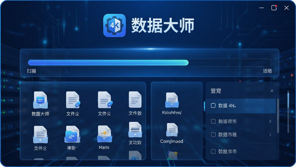 主体:软件主界面,显示扫描进度条与文件列表;布局:居中构图,上方为软件Logo与名称“数据大师”,下方为功能分区;排版:清晰有序,现代感UI设计;风格:科技感、专业、蓝色调;细节:界面元素高光处理,文件图标清晰可见;画质:4K超清,干净无多余元素
