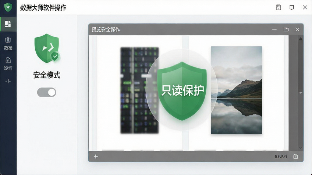 主体:数据大师软件操作界面,显示“安全模式”开关;布局:界面中央为预览窗口,展示图片文件;排版:简洁直白;风格:清爽商务风;细节:绿色盾牌图标与“只读保护”字样;画质:清晰,干净无多余元素