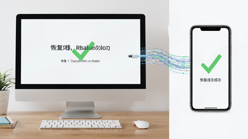 主体:电脑与手机连接,屏幕显示恢复成功界面;布局:左右分屏,左侧电脑,右侧手机;排版:对比式;风格:写实与扁平结合;细节:数据流从手机流向电脑,绿色对勾;画质:高清,干净无多余元素