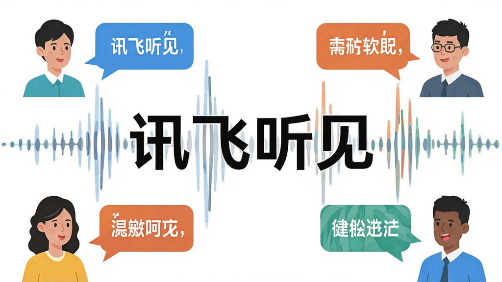 主体:讯飞听见软件识别多种语音场景,画面中央是醒目的“讯飞听见”字样;布局:中心构图,周围环绕不同口音人物的对话气泡;排版:简洁明了,突出品牌名;风格:扁平化设计,色彩明亮;细节:气泡内包含中文、英文和方言文字,背景为声波图形;画质:高清,干净,无多余元素