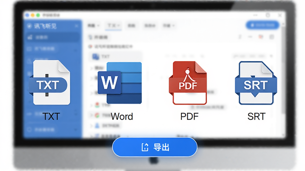 主体:讯飞听见软件导出文件界面,展示TXT、Word、PDF和SRT图标;布局:图标横向排列,电脑界面在背景中虚化;排版:图标下方有对应格式名称;风格:商务简约,蓝色与白色搭配;细节:每个图标上标注格式名称,导出按钮高亮;画质:高清,干净,无多余元素