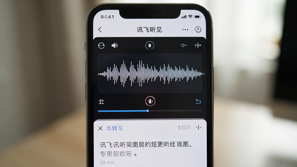 主体:讯飞听见APP在手机上运行,界面显示录音波形与文字结果;布局:手机居中,屏幕特写;排版:简洁,突出界面内容;风格:真实摄影风格,室内光线柔和;细节:屏幕上有“讯飞听见”字样和转写进度条;画质:高清,干净,无多余元素