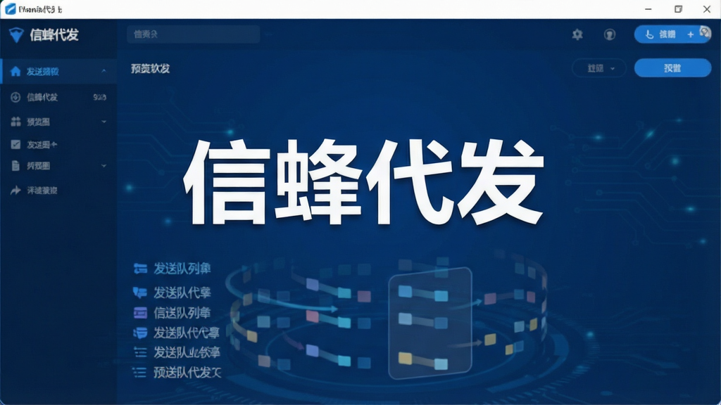 一张信蜂代发软件的官方主界面截图,主体为深蓝色背景,中央展示着醒目的白色“信蜂代发”标志与发送队列动画,布局清晰,风格现代科技感,画质干净,无多余元素,信蜂代发预览图