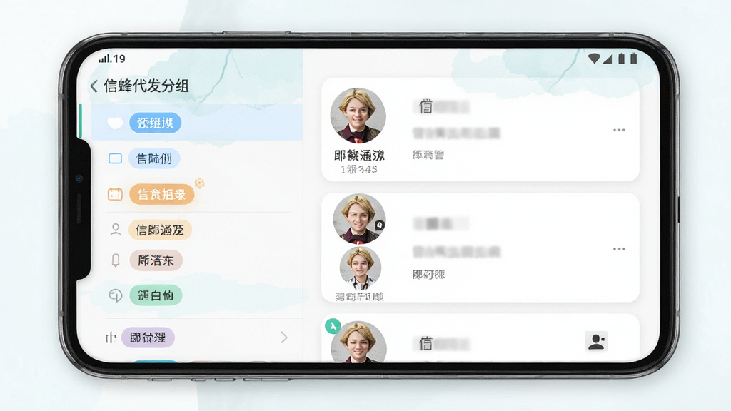 信蜂代发通讯录分组管理界面,主体为手机界面,左侧为分组列表,右侧为联系人卡片,布局左右分栏,排版简洁,风格清新淡雅,细节显示标签颜色分类,画质高清,无多余元素,信蜂代发预览图
