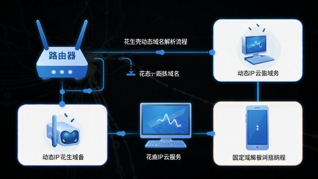花生壳动态域名解析流程图,展示动态IP通过花生壳云服务解析到固定域名的过程,包含路由器、电脑、手机等设备图标,蓝色科技风格,线条流畅,信息图设计,画面干净整洁