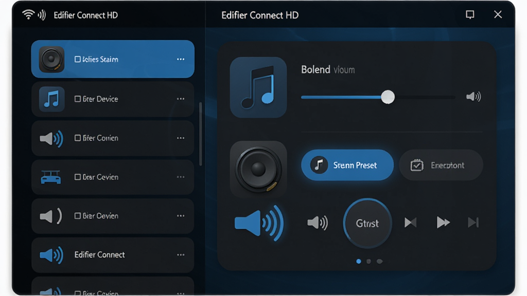 主体:Edifier Connect HD软件主界面,展示设备连接状态与音乐控制面板。布局:左侧为设备列表,右侧为当前选中设备的详细控制区域,包括音量滑块、音效预设按钮。排版:界面采用深色主题,卡片式布局,圆角设计,文字清晰。风格:现代科技感,扁平化设计,蓝色与黑色为主色调。细节:屏幕中显示“Edifier Connect HD”字样,设备图标有信号波动动画。画质:高清,干净,无多余元素。