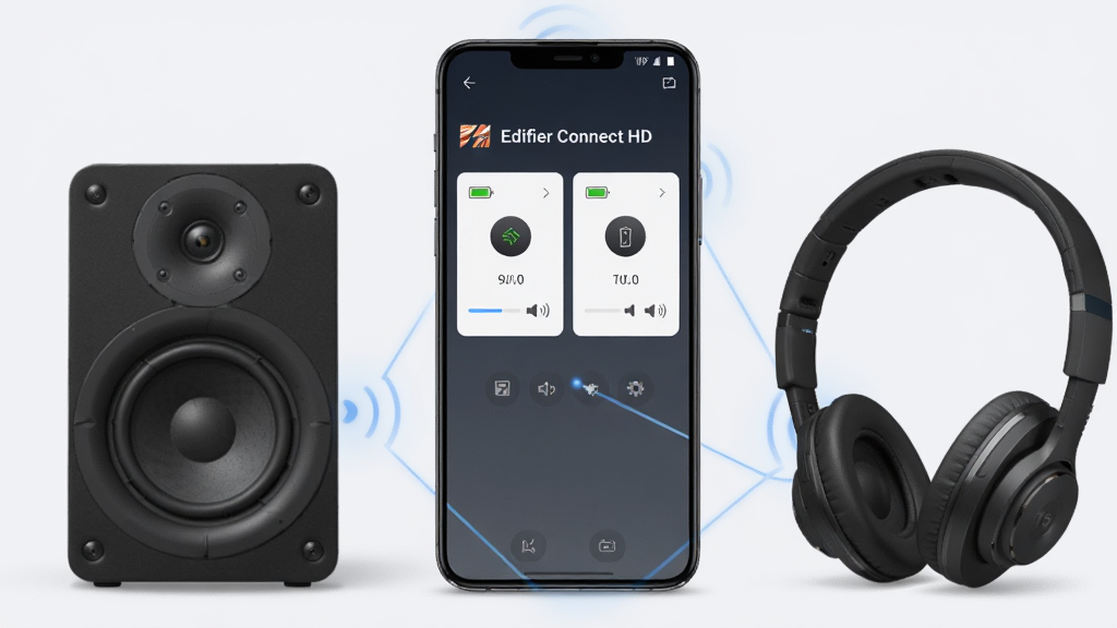 主体:一台智能手机屏幕显示Edifier Connect HD软件界面,同时连接了音箱和耳机两个设备。布局:手机居中,左右两侧分别放置音箱和耳机,画面呈三角形构图。排版:界面中两个设备卡片并排显示,每个卡片都有电量图标和音量条。风格:明亮简洁,浅灰色背景,设备实物渲染图。细节:设备周围有淡淡的蓝色连接线示意,屏幕上有“Edifier Connect HD”字样。画质:高清,干净,无多余元素。