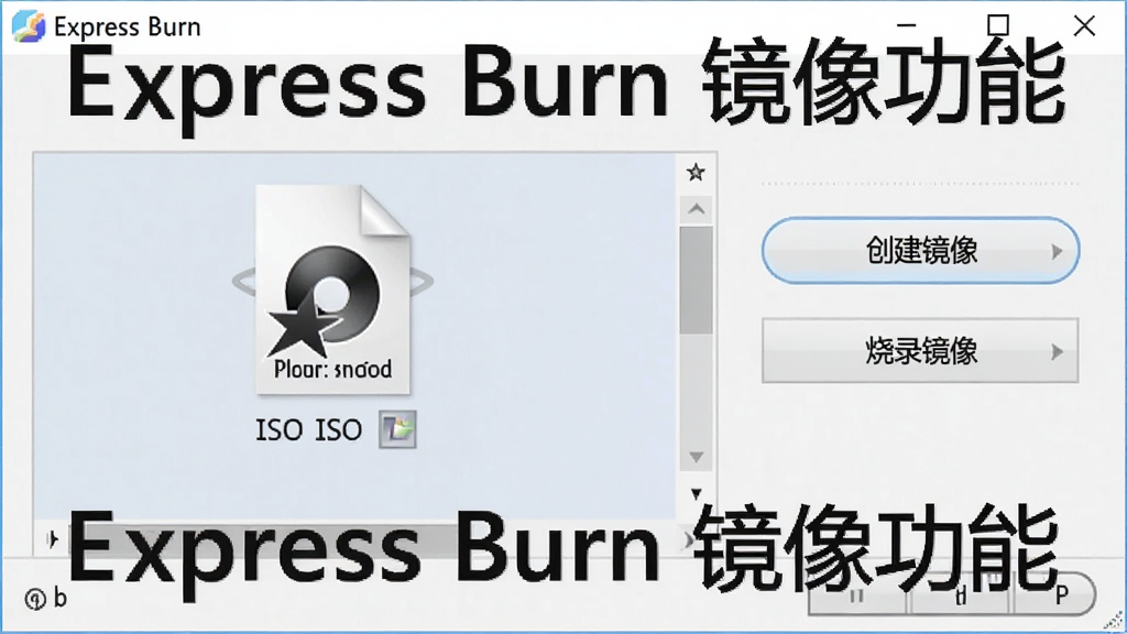 一张展示Express Burn光盘镜像功能的界面截图,界面中显示一个ISO文件正在被拖拽至刻录窗口,同时旁边有“创建镜像”和“烧录镜像”两个按钮,风格简约,布局清晰,细节丰富,画质干净,无多余元素,图片中标注文字“Express Burn 镜像功能”