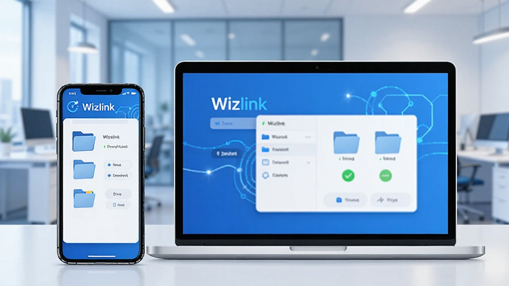 画面主体为一部智能手机与一台笔记本电脑并排摆放,屏幕中同时显示Wizlink远程连接界面,背景为模糊的现代办公室环境。整体布局采用对称构图,手机与电脑屏幕内容清晰可见,界面显示“Wizlink”字样。风格为科技感十足的扁平插画风,色彩以蓝白为主色调,细节包括屏幕中的文件夹图标与连接状态标识。画质高清,干净整洁,无多余元素。