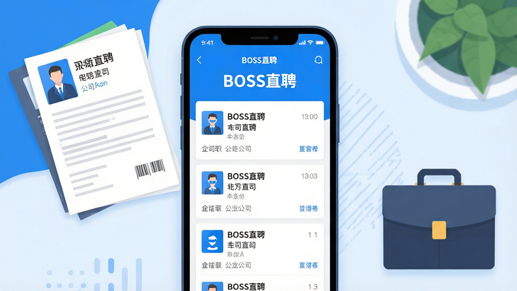主体:手机屏幕展示BOSS直聘APP界面,界面清晰显示“BOSS直聘”字样及职位列表;布局:手机居中,屏幕内容突出,周围配有简洁的职场元素如简历、公文包;排版:居中构图,文字信息可读;风格:现代扁平化,色彩明快,蓝白主色调;细节:界面上的职位名称、公司信息清晰可见,画面干净;画质:高清渲染,无多余元素