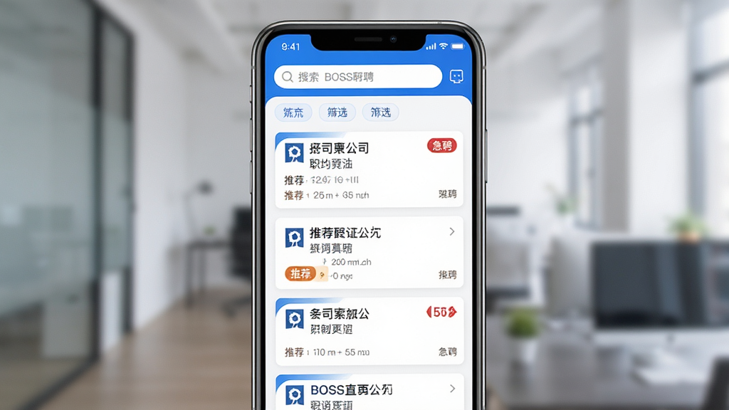 主体:手机BOSS直聘APP的推荐页面,展示多个职位卡片,卡片上印有公司名称和职位名称;布局:手机居中,屏幕内容以列表形式展示,上方有搜索栏和筛选标签;排版:信息流布局,清晰易读;风格:UI设计稿风格,蓝白配色,现代感强;细节:职位卡片显示“推荐”、“急聘”等标签;画质:高保真,无多余元素