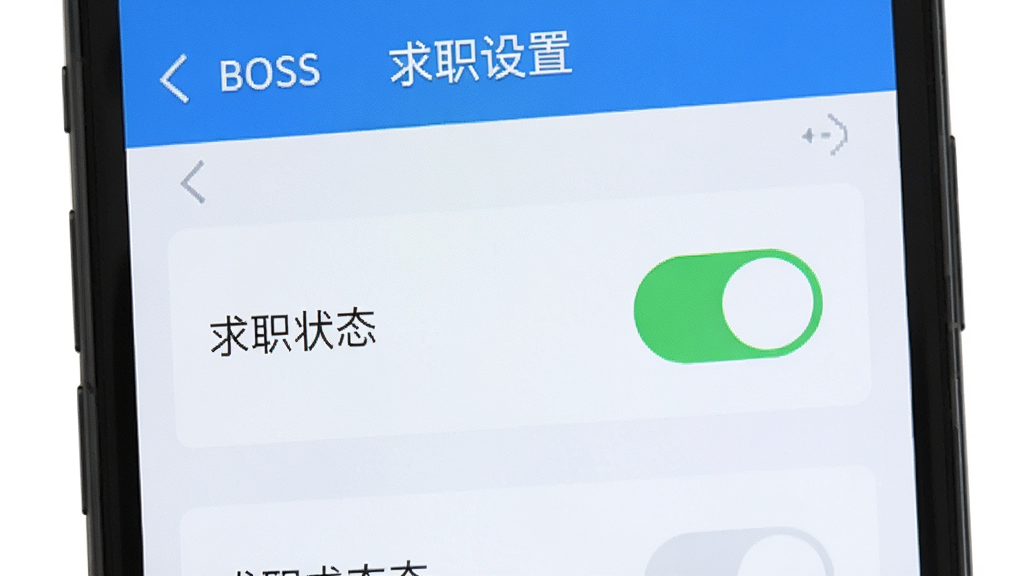 主体:一部手机显示BOSS直聘“求职设置”页面,页面有“求职状态”开关;布局:手机居中,屏幕内容特写;排版:简洁,突出开关按钮;风格:扁平化UI,蓝白色调;细节:开关处于开启状态,绿色高亮;画质:高清,无多余元素