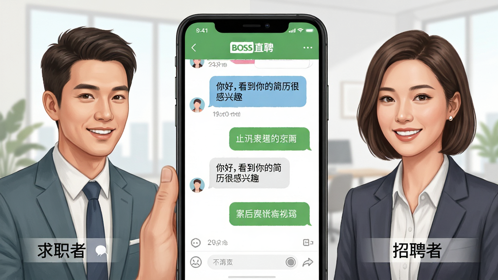 主体:两位职场人士通过手机BOSS直聘APP进行在线聊天,屏幕上显示对话气泡和“BOSS直聘”标识;布局:左右分屏,左边为求职者,右边为招聘者,中间手机界面放大展示聊天内容;排版:清晰对比,突出互动感;风格:写实插画风,色彩柔和;细节:对话内容包含“你好,看到你的简历很感兴趣”等字样,人物表情愉悦;画质:高清细腻,背景干净