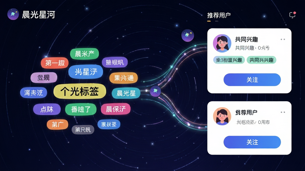 主体:“晨光星河”软件的兴趣匹配功能界面。布局:左右分屏设计,左侧为个人兴趣标签云,右侧为推荐用户卡片。排版:标签云以彩色圆角矩形展示,推荐卡片包含头像、共同兴趣标签和“关注”按钮。风格:活泼、现代、数据可视化。细节:界面有流动的光线连接匹配双方,背景有星轨效果。画质:高分辨率,干净无多余元素。