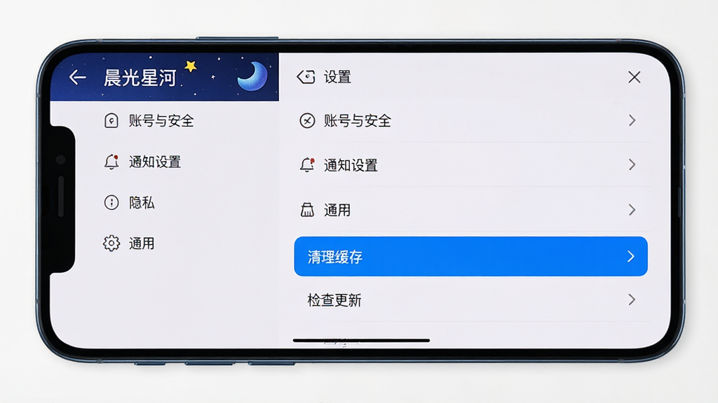 主体:手机横屏展示“晨光星河”设置界面。布局:左侧为功能菜单列表,右侧为具体设置项。排版:清晰的列表式布局,包含“账号与安全”、“通知设置”、“隐私”、“通用”等选项。风格:简洁、专业、实用。细节:屏幕上有“清理缓存”和“检查更新”的高亮选项。画质:高清,干净无多余元素。