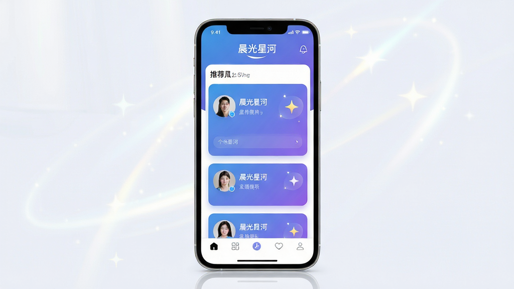 主体:一款名为“晨光星河”的社交软件界面展示,手机屏幕占据画面中心。布局:手机竖屏展示,界面清晰显示“晨光星河”Logo、底部导航栏、推荐用户卡片列表。排版:现代简约的UI设计,卡片式信息流,色彩以蓝紫色渐变为主,点缀星光元素。风格:清新、科技感、明亮通透,突出社交氛围。细节:用户头像高清,昵称和个性签名清晰可见,屏幕反射柔和光线。画质:4K超清,干净无多余元素。