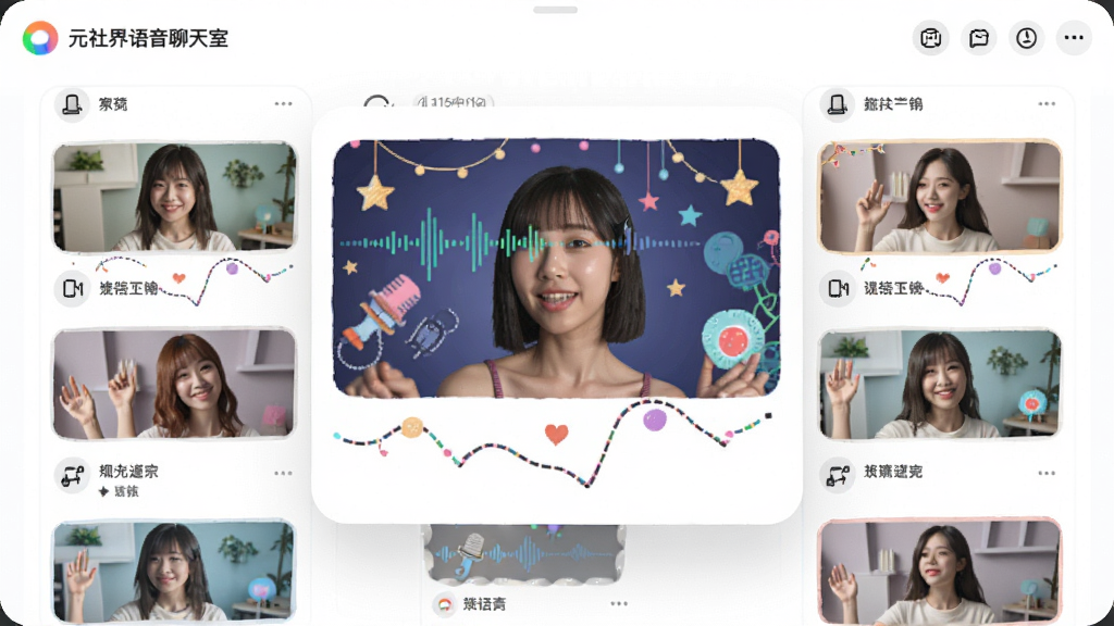 元社界语音聊天室界面,展示多人语音互动场景,主体为悬浮的语音房间卡片,布局以房间列表为主,排版清晰,风格明亮活泼,细节包括实时音量波动与房间主题装饰,画质流畅,干净,无多余元素