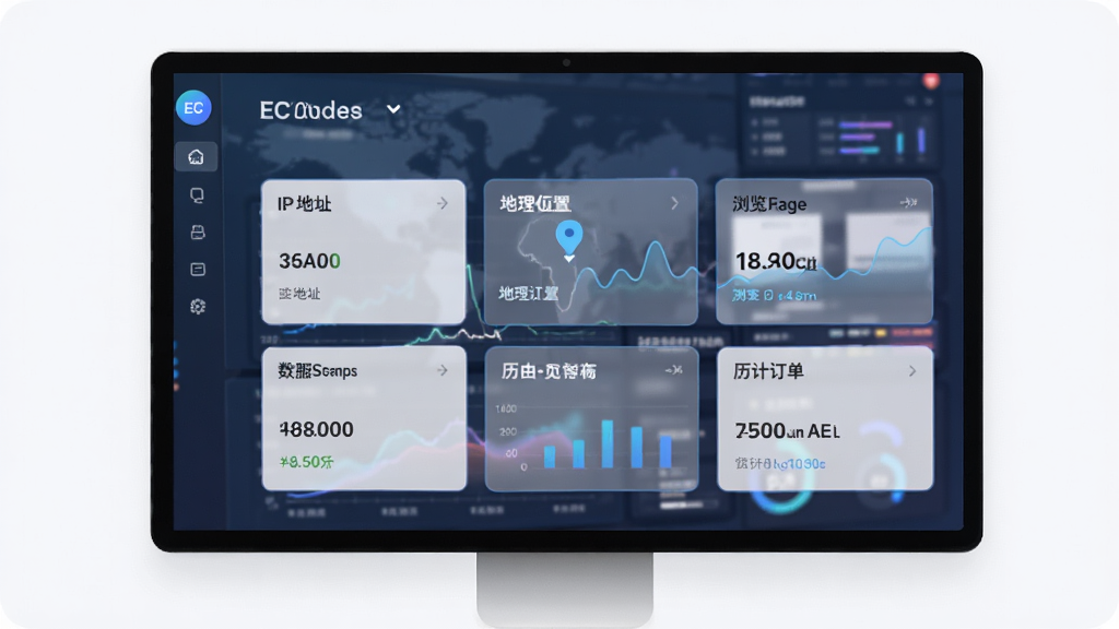 EC在线客服的访客画像界面,展示访客的IP地址、地理位置、浏览页面、历史订单等数据卡片,背景为柔和的数据图表,整体风格现代,画质清晰,干净无多余元素