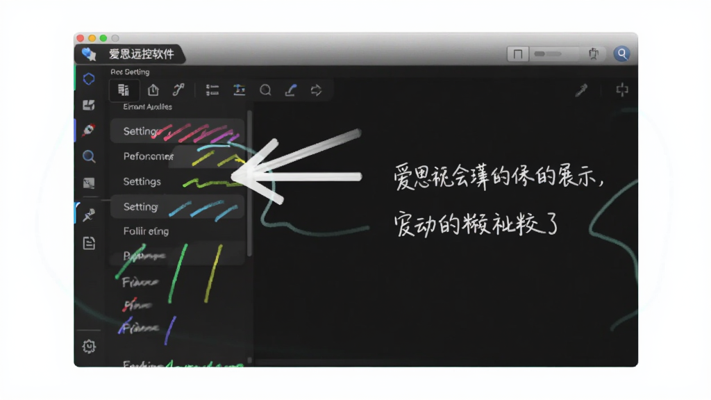 主体:爱思远控软件界面上的白板标注功能展示,屏幕中一个箭头指向某个设置选项,旁边有手写的文字说明,布局为软件操作界面,排版清晰,风格简洁明了,细节包括彩色标注笔迹、工具栏图标,画质干净,无多余元素。