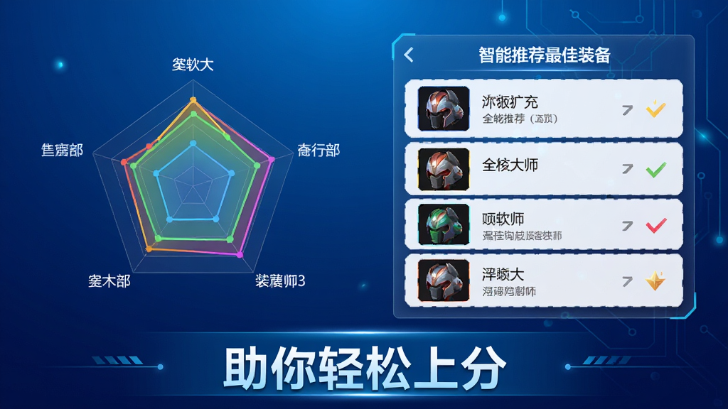 一张《全职大师》软件功能预览图,画面左侧显示一个多彩的个人数据雷达图,右侧是智能推荐的最佳装备列表,下方附带一句“助你轻松上分”的标语,整体风格科技感十足,蓝色渐变背景,排版整洁,画质高清