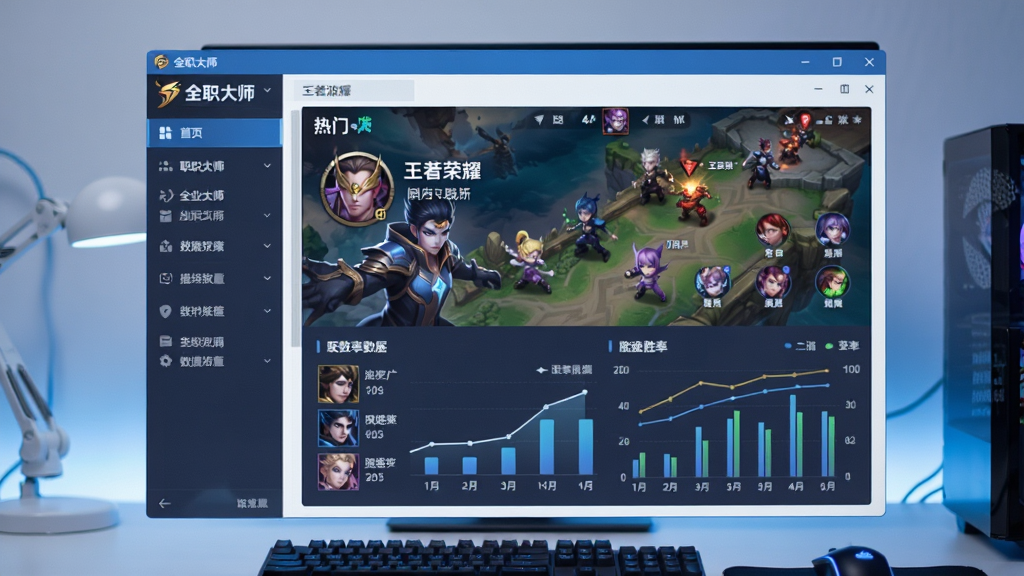 一幅现代科技感的电脑桌面截图,画面中央是《全职大师》软件的主界面,左侧为清晰的导航栏,右侧展示着热门游戏《王者荣耀》的英雄数据与胜率图表,整体布局简洁明亮,蓝白主色调,画质细腻,干净无多余元素