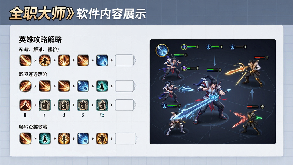 一张《全职大师》软件内容展示图,画面中央是一篇图文并茂的英雄攻略,左侧文字详细解析技能连招,右侧配以动态连招示意图,背景有淡淡的网格线,整体风格清爽专业,画质干净,无多余元素