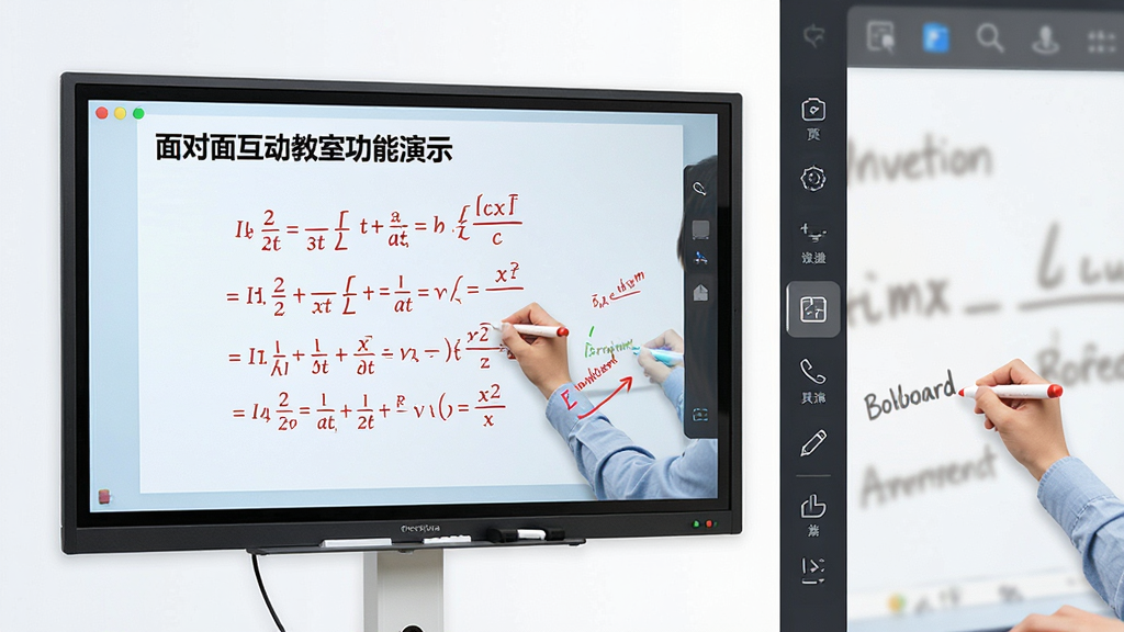 主体:“面对面互动教室”电子白板功能演示。布局:左侧为课件展示区,右侧为白板工具区。排版:工具图标竖向排列。风格:简洁商务风格。细节:白板上有教师用红笔书写的重点公式,学生端有互动的标注。画质:清晰,干净,无多余元素。