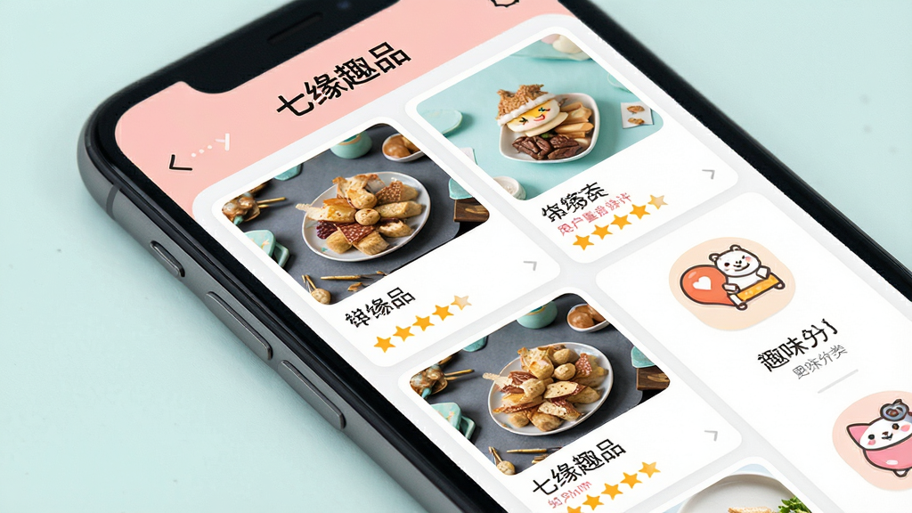 主体:七缘趣品应用界面展示,手机屏幕中呈现商品瀑布流与趣味分类图标,整体布局清晰有序,界面排版以卡片式网格为主,风格明亮活泼,细节包括商品图片、价格标签、用户好评星级,画质高清干净,无多余元素,屏幕上方显示“七缘趣品”品牌字样