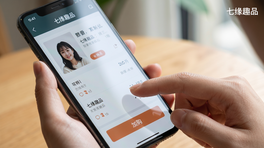 主体:用户手持手机操作七缘趣品应用,界面显示商品详情与加购按钮,布局为实拍场景,排版自然,风格清新生活化,细节包括手指点击动作、屏幕反光,画质清晰干净,无多余元素,屏幕角落有“七缘趣品”字样
