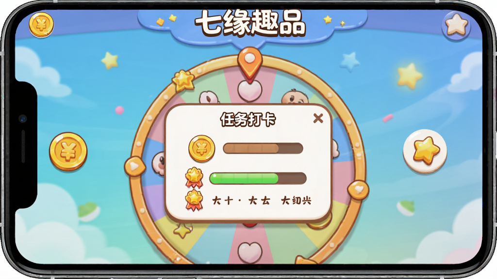 主体:七缘趣品互动游戏界面,手机屏幕展示转盘抽奖与任务打卡弹窗,布局中心突出,排版活泼,风格卡通可爱,细节包括金币图标、进度条、奖励标识,画质明快干净,无多余元素,屏幕上方有“七缘趣品”字样