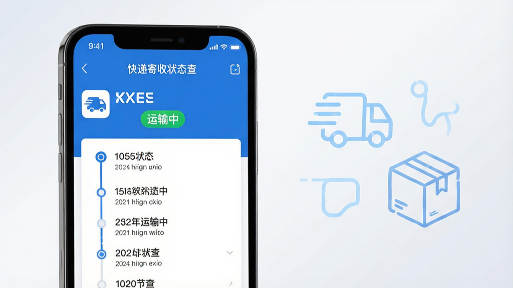 主体:一部智能手机屏幕正中央显示快递寄收状态查APP的运单详情界面,上方有快递公司logo和“运输中”状态标签,下方清晰罗列时间轴物流节点;布局:手机居中略偏左,右侧留白配以淡蓝色抽象线条图标和快递箱简笔画;排版:手机屏幕内容醒目,物流信息条目间距均匀,状态标签使用绿色高亮;风格:现代扁平化设计,主色调为蓝色与白色,背景浅灰渐变;细节:屏幕内文字清晰可读,时间轴节点带小圆点图标,顶部状态栏显示“快递寄收状态查”;画质:高清渲染,干净无多余元素,整体明亮通透。