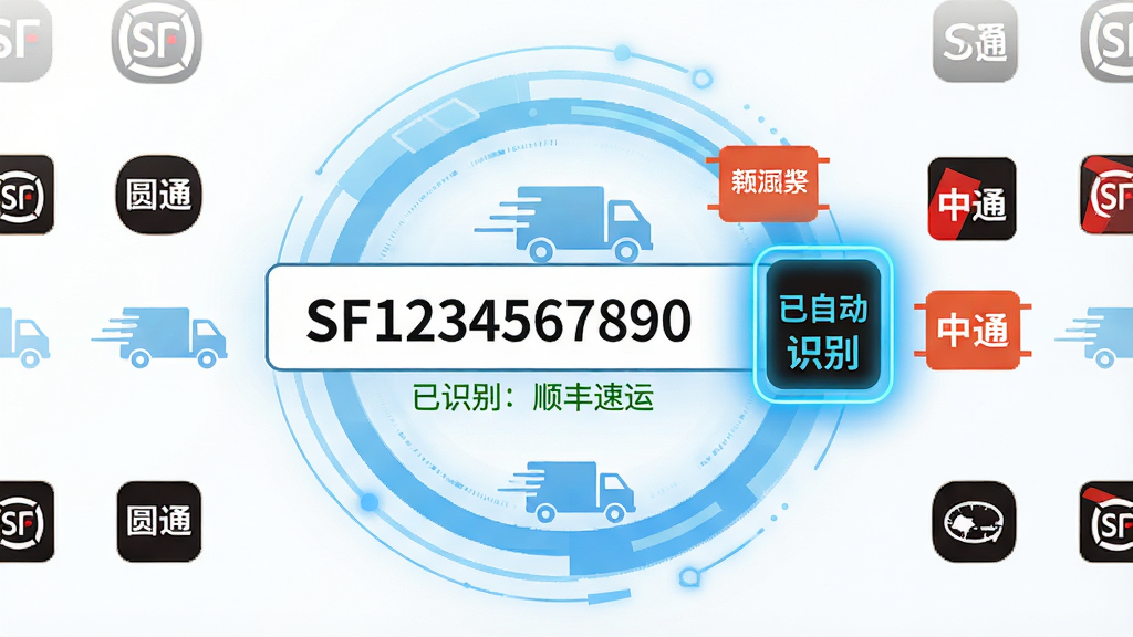 主体:一个放大的快递运单号输入框,旁边浮现多个快递公司小图标,包括顺丰、圆通、中通等,其中一个图标高亮显示“已自动识别”;布局:输入框居中,周围环绕浅蓝色科技感圆环和物流车剪影;排版:输入框内文字“SF1234567890”,下方用绿色小字标注“已识别:顺丰速运”;风格:清新简洁,背景为白色,点缀蓝色渐变光效;细节:快递公司图标排列整齐,高亮图标带发光边框,整体视觉层次丰富;画质:高清,干净无多余元素。