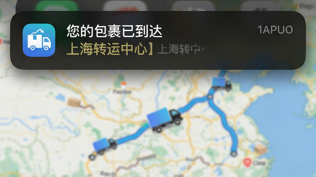 主体:手机通知栏下拉界面,显示一条快递寄收状态查的推送通知,内容为“您的包裹已到达【上海转运中心】”;布局:通知栏位于画面上方,下方背景为模糊的物流地图路线;排版:通知卡片圆角设计,左侧为APP小图标,右侧文字两行排列,时间戳在右上角;风格:iOS/Android混合风格,深色背景搭配亮色文字;细节:通知横幅带有轻微投影,地图路线上有移动的货车图标;画质:高清,干净无多余元素,色彩协调。