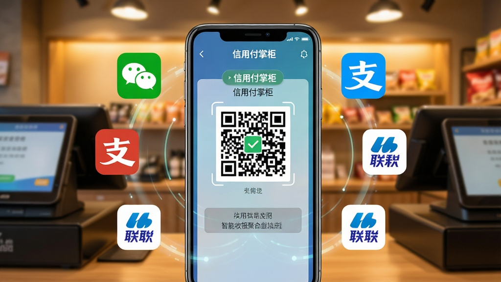 һ��չʾ�����ø��ƹ����������ۺϹ��ܵĳ���ͼ������Ϊ����̨ǰ���ֻ���Ļ��д����Ļ����ʾ�ۺ�֧����ά�룬��Χ����΢�š�֧������������֧��ͼ�ꡣ����Ϊƽ���ӽǣ��ֻ�λ�ڻ������룬����Ϊģ����ʵ������������򣬴���ůɫ�ƹ⡣�Ű��ϣ�֧��ͼ���Ի�������Χ�ƶ�ά�룬ͻ����֧����ʽ���ɸ�����дʵ�Ҹ��пƼ��У�ϸ�ڰ�����Ļ�ϵġ����ø��ƹ�������ģ�⽻�׳ɹ�����ʾ�������������ɾ����࣬�޶���Ԫ�ء�