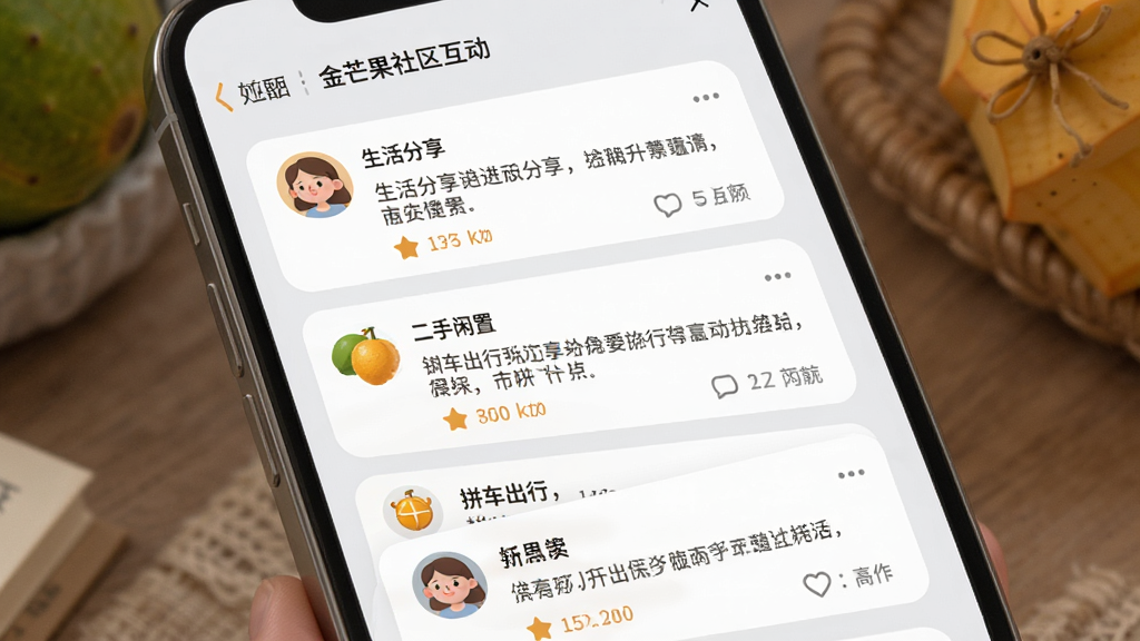 金芒果社区互动页面效果图,手机界面展示用户发帖列表,包含生活分享、二手闲置、拼车出行等板块,每条帖子显示作者头像、内容摘要和互动数据,背景为柔和的浅灰色,卡片圆角设计,整体风格温馨亲切,画质干净,无多余元素