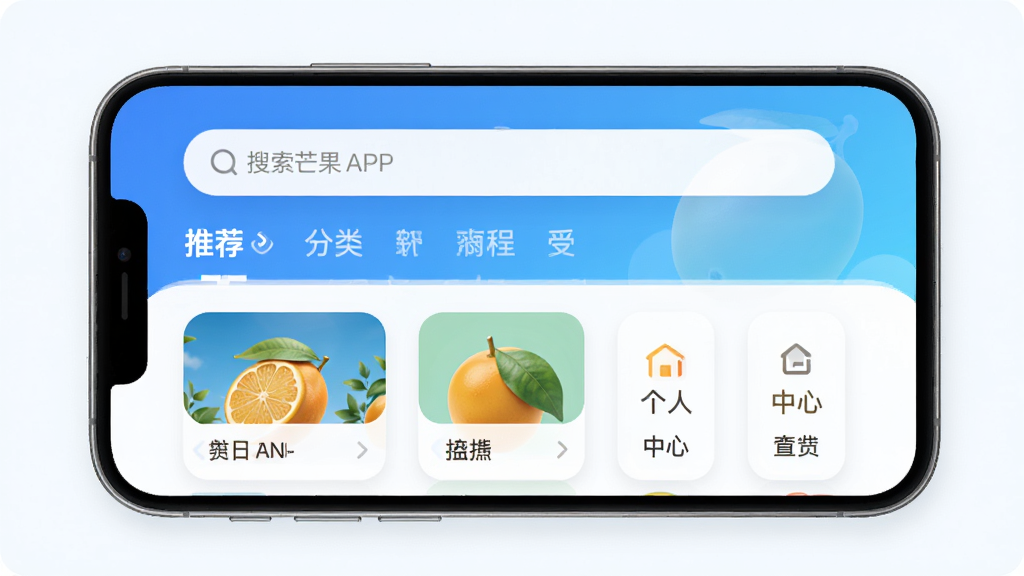 金芒果APP主界面预览图,手机屏幕展示首页推荐、分类导航、个人中心三大核心板块,界面以清新的蓝白渐变色为主调,圆角卡片式布局,顶部搜索栏醒目,图标简洁现代,整体风格明亮干净,画质清晰,无多余元素