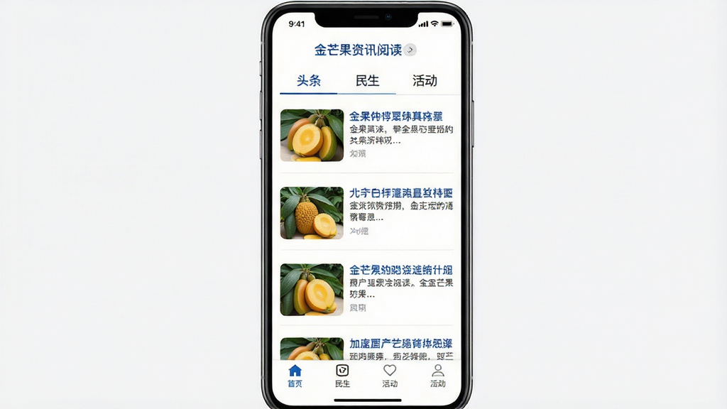 金芒果资讯阅读界面截图,手机屏幕展示图文混排的新闻列表,包含头条、民生、活动三个标签页,每条新闻配有小图预览,页面以白色为底,蓝色标题文字,底部导航栏清晰,整体风格简洁大气,画质高清,无多余元素