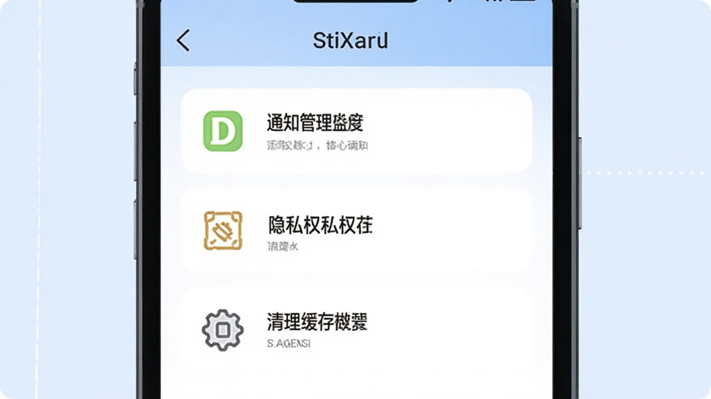 金芒果使用教程插图,手机屏幕展示设置页面,包含通知管理、隐私权限、清理缓存等选项,背景为简洁的浅蓝色,图标线条清晰,文字可辨认,画质干净,无多余元素