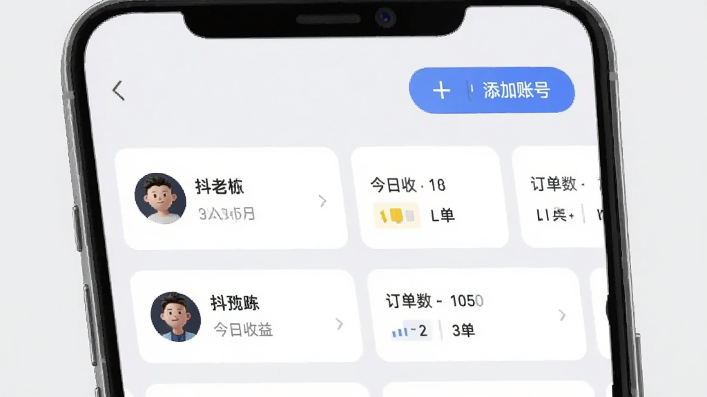 抖老板多账号管理功能预览图,手机界面展示账号列表页面,每个账号以卡片形式横向排列,头像、昵称、今日收益、订单数清晰标注,顶部有“添加账号”按钮,背景为浅灰色,界面整洁,风格扁平化设计,画质清晰,无多余元素