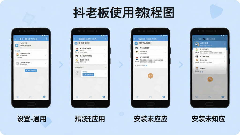 抖老板使用教程步骤图,手机屏幕展示“设置-通用-安装未知应用”的截图流程,画面分为四个小图,每个小图下方有简要文字说明,整体风格为平面教学插图,背景浅蓝色,文字清晰,画质干净,无多余元素