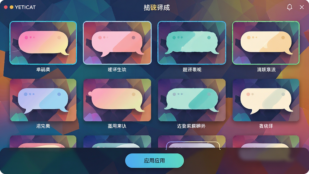���壺YETICAT�����������ѡ�񴰿ڣ�չʾ������ɫ������������ʽ�����֣�����״���У�Ԥ��Сͼ������ѡ�����и����߿��Ű棺���񲼾֣�ÿ�����������Ʊ�ǩ���ײ���Ӧ�ð�ť����񣺻��ö�����ɫ�����ޡ�ϸ�ڣ�������״Բ�󣬱�����ֽΪ���伸��ͼ�Ρ����ʣ����壬�ɾ����޶���Ԫ�ء�