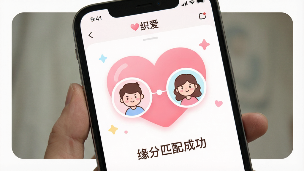 һ��չʾ�����ֻ�Ӧ�ý����ͼƬ����Ļ�ڡ�֯����APP��ƥ��ɹ�����ҳ�棬������ͨ�����ڷ�ɫ���ı��������ӣ�������ʾ��Ե��ƥ��ɹ���������UI���Բ��������ɫ�ʴ�����ͣ��������������죬�������ף�ͻ������ƥ�书�����⣬�����������޶���Ԫ��