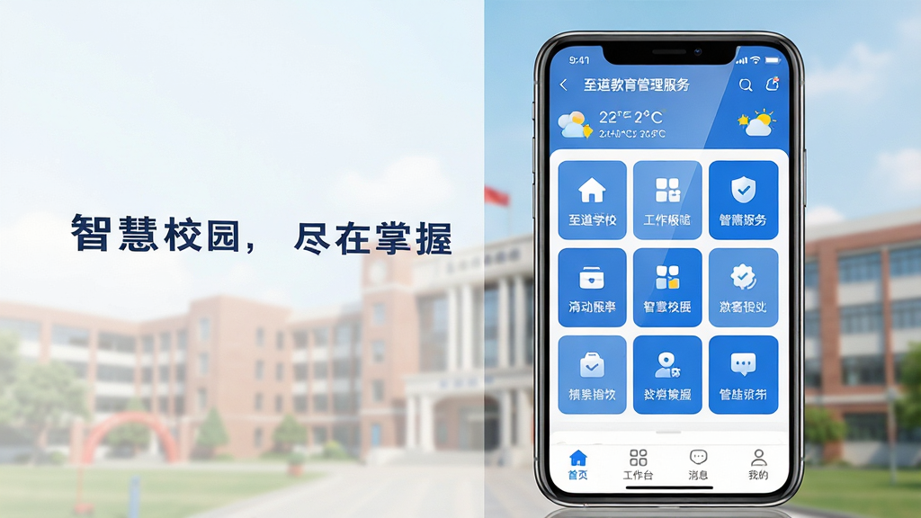 主体:至道教育管理服务平台APP界面展示,手机屏幕中显示软件主页面,包含“首页”、“工作台”、“消息”、“我的”等底部导航栏,页面顶部有学校名称和天气信息。布局:手机居中偏右,左侧留白区域配以“智慧校园,尽在掌握”的标语,整体采用左右分栏构图。排版:界面图标清晰,功能模块以九宫格形式排列,色彩以蓝色和白色为主色调,文字标签清晰可读。风格:现代扁平化设计,干净整洁,科技感强。细节:手机屏幕反光自然,背景有模糊的校园建筑轮廓,增加场景感。画质:高清渲染,色彩鲜明,画面干净,无多余元素。