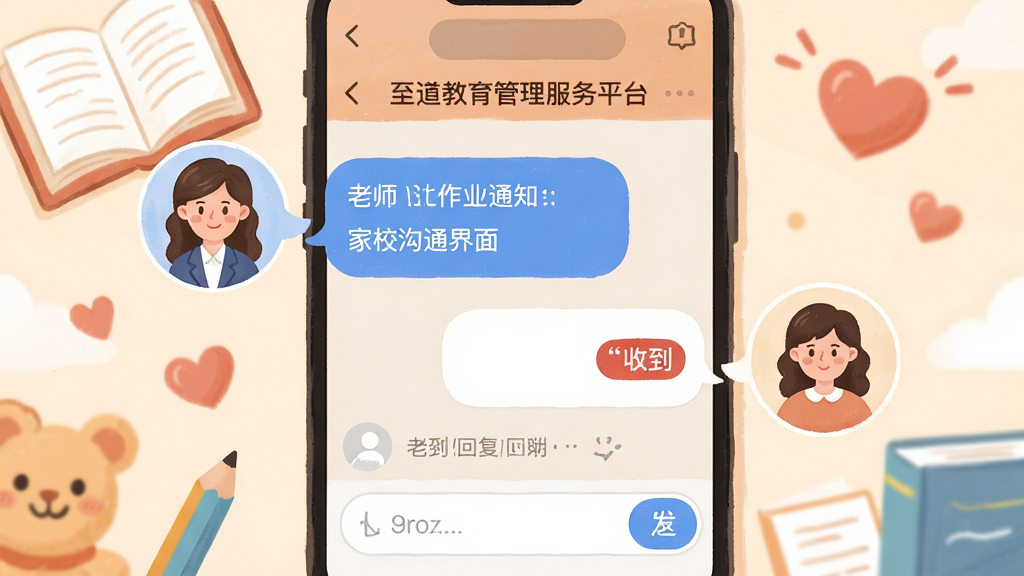 主体:至道教育管理服务平台家校沟通界面,手机屏幕显示聊天对话框,老师发送作业通知,家长回复“收到”,下方有快捷回复按钮。布局:手机屏幕占据画面中心,左右两侧分别绘制老师和家长的头像气泡,形成对话感。排版:对话气泡采用圆角设计,老师消息蓝色,家长消息白色,底部输入框和发送按钮清晰可见。风格:温馨亲切的插画风格,色彩柔和。细节:背景添加了书本、铅笔、爱心等教育元素,增加趣味性。画质:插画质感,干净整洁,无多余元素。