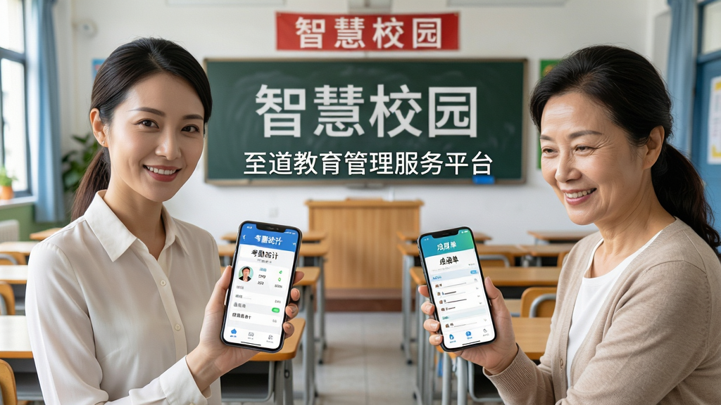 主体:至道教育管理服务平台使用场景,一位老师手持手机正在查看学生考勤,旁边有家长也在使用手机查看孩子成绩,两人面带微笑。布局:左右对称构图,左侧老师,右侧家长,中间留白放有“至道教育管理服务平台”字样。排版:人物比例适中,背景为学校教室,桌椅整齐,黑板上有“智慧校园”标语。风格:写实摄影风格,光线明亮,色彩自然。细节:手机屏幕显示应用界面,清晰可见“考勤统计”和“成绩单”字样。画质:高清摄影,细节丰富,画面干净,无多余元素。
