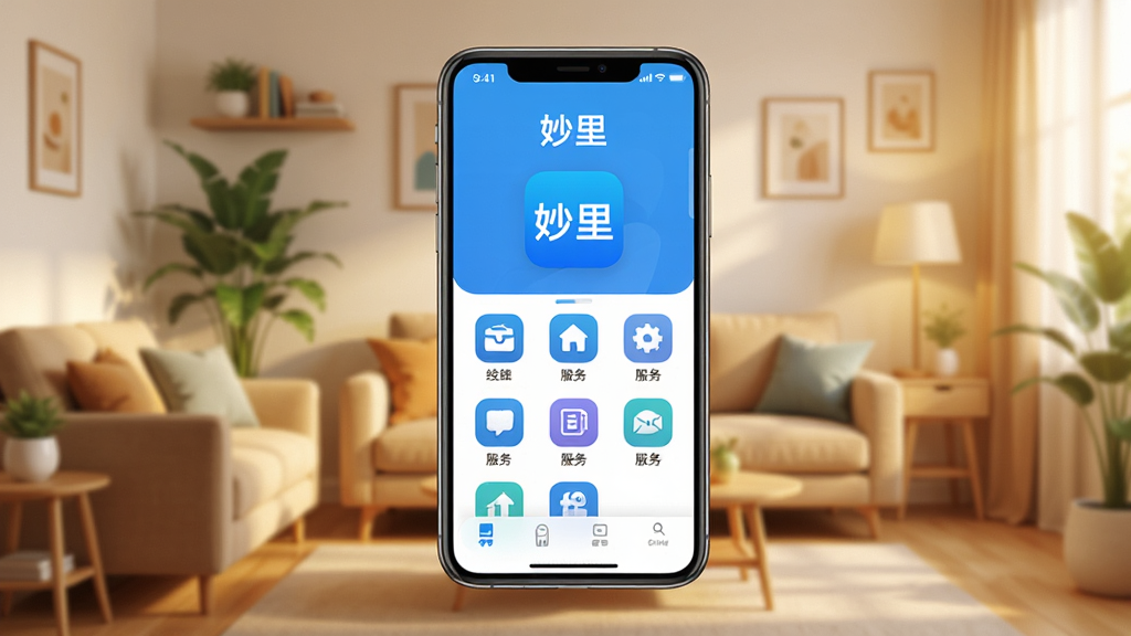 主体为一部智能手机悬浮在温馨的客厅背景前,屏幕界面清晰显示“妙里”应用图标和内部功能列表,布局采用上下结构,上方为应用名称“妙里”字样,下方为排列整齐的服务图标,整体风格扁平化设计,色彩明快,以蓝色和白色为主色调,画面干净,细节丰富,画质高清,无多余元素