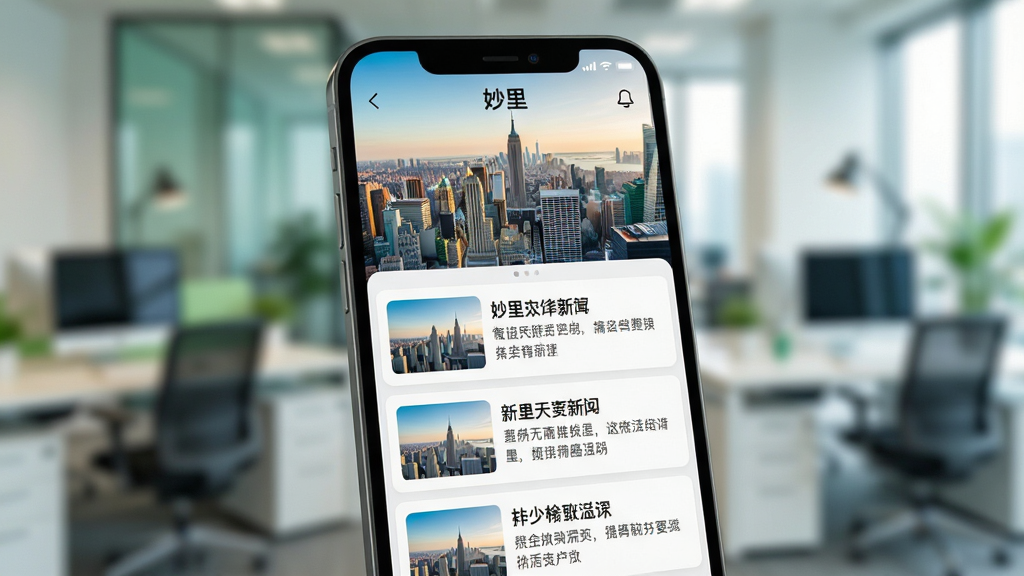手机屏幕展示“妙里”的资讯信息流页面,主体为屏幕特写,上方是城市风景头图,下方是排列整齐的新闻标题和摘要卡片,布局为列表式,风格简洁现代,背景为模糊的办公室环境,色彩清新,细节丰富,画质高清,无多余元素